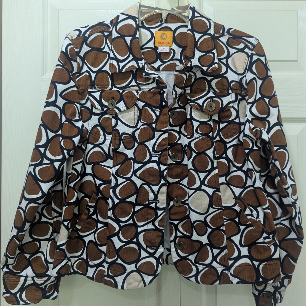 Ruby Rd. Brown and White Geometric Jean Jacket